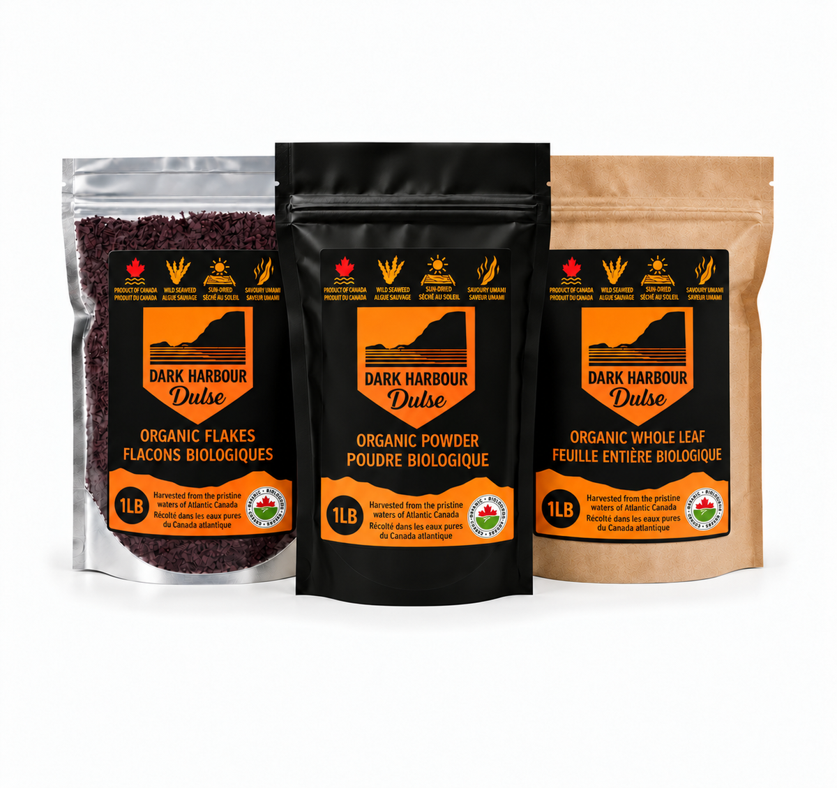 Organic Dulse Starter Pack, Power Bundle- 1 lb whole dulse, 1 lb dulse flake, 1 lb dulse powder