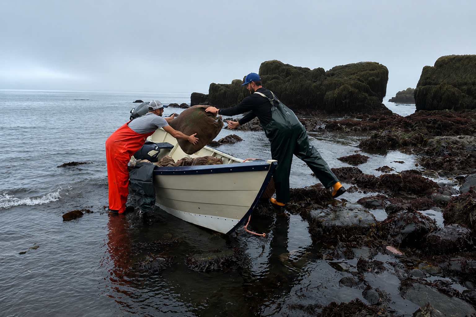 Homepage video cover image featuring the Dark Harbour team loading freshly harvested Atlantic dulse onto a boat